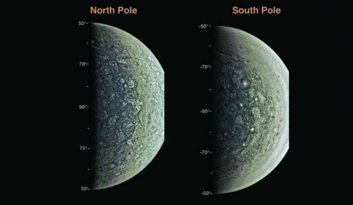 A sonda espacial Juno mostra os polos de Júpiter pela primeira vez