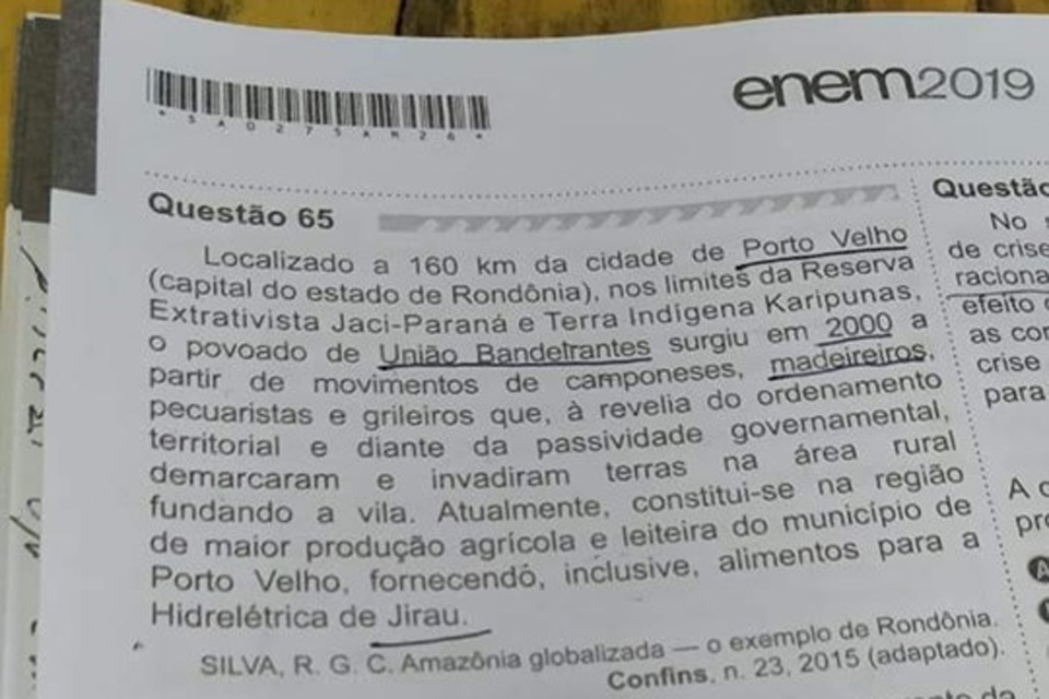 Prova do ENEM 2019 traz questão baseada em enunciado  criado por professor de Rondônia