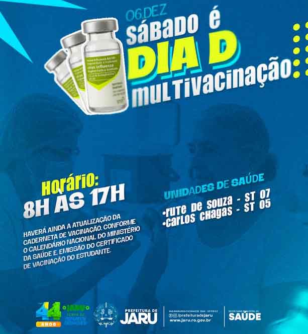 Prefeitura de Jaru promove neste sábado (06), campanha para atualização da caderneta vacinal e emissão do Certificado de Vacinação do Estudante