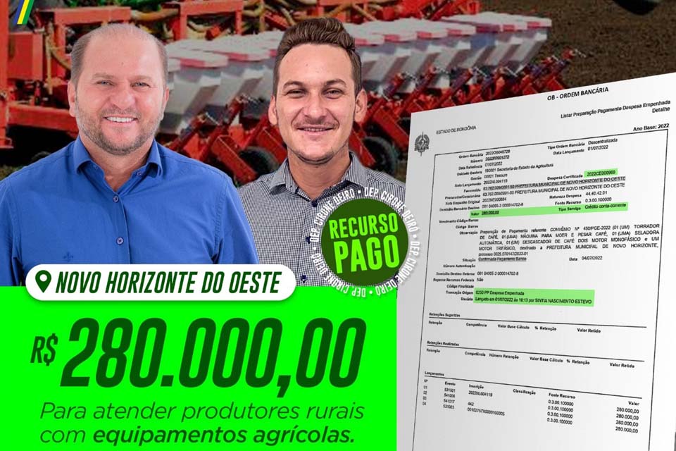 Deputado Cirone Deiró destina recursos para atender produtores rurais de Novo Horizonte