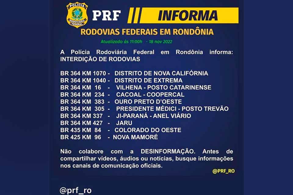 PRF confirma 10 pontos de interdição em rodovias federais de Rondônia nesta sexta-feira (18)