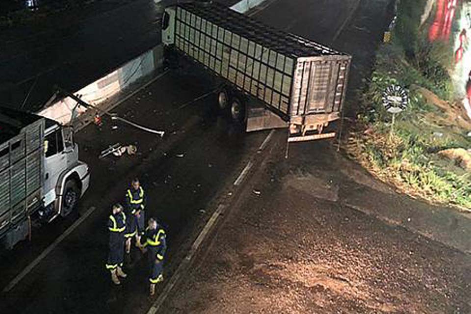 Caminhão boiadeiro fica atravessado na BR 364 ao bater em poste para não atingir carro