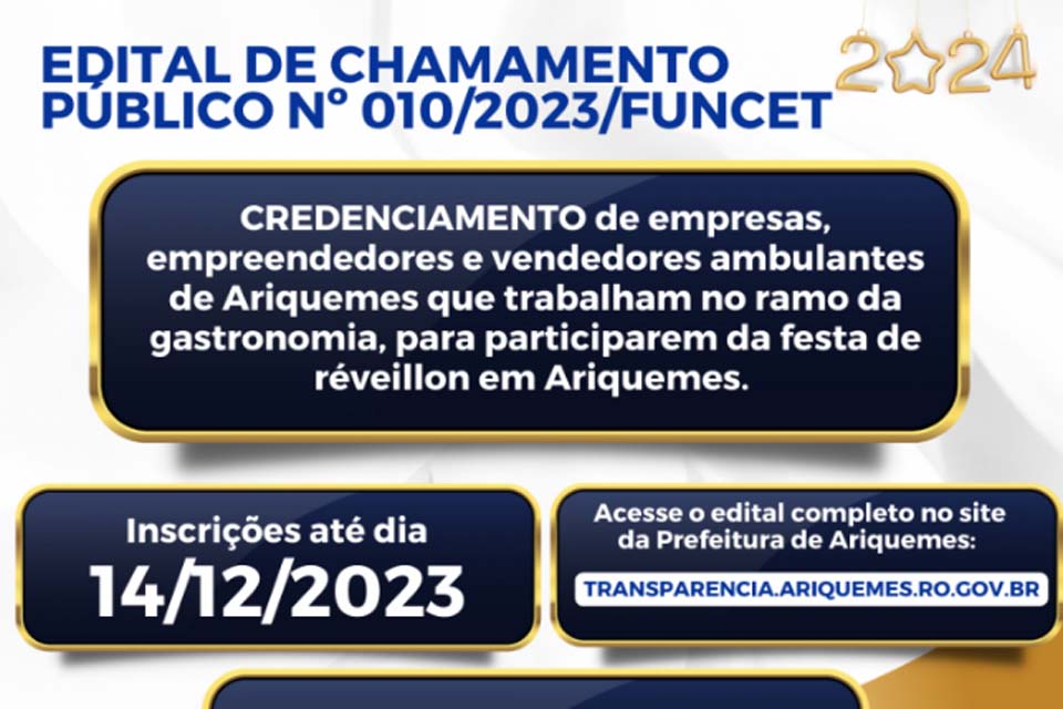 Funcet Ariquemes abre chamamento público para contratação de empresa que atuam no ramo da gastronomia