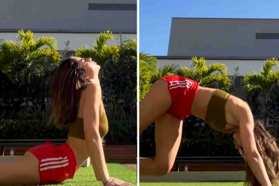 Jade Picon se exercita em casa em dia de sol: 'Acordar corpo e mente'
