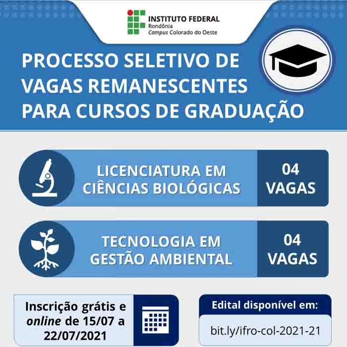Campus Colorado do Oeste do IFRO oferta novas vagas remanescentes em cursos de graduação