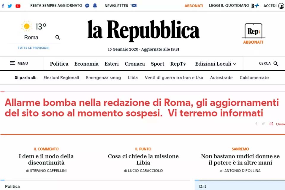 Sede do jornal 'la Reppublica' é esvaziada após falsa ameaça de bomba em Roma
