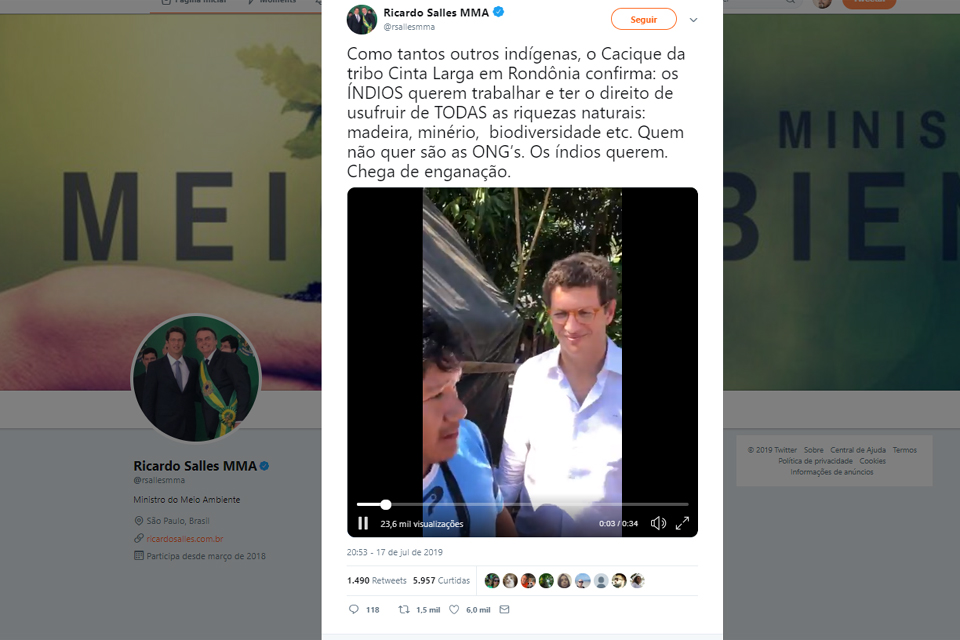 No Twitter, ministro posta vídeo com reclamações de cacique Cinta-Larga e diz que ONGs prejudicam a etnia em Rondônia