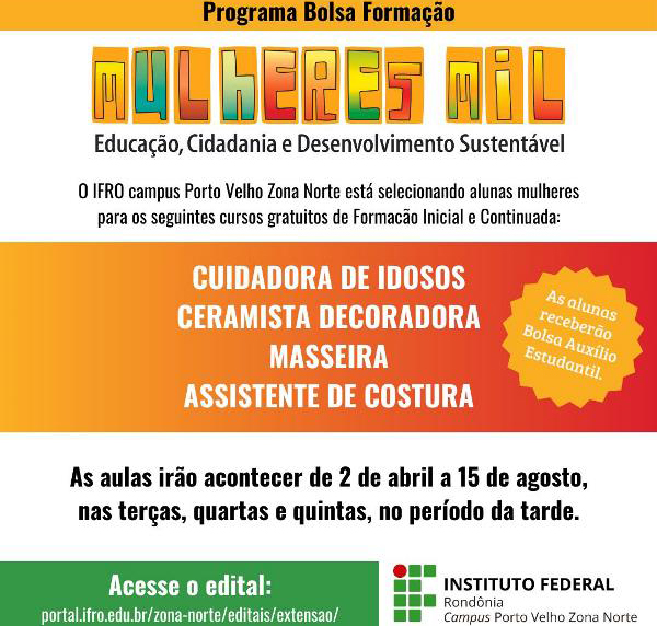 Porto Velho Zona Norte oferece vagas para Cursos FIC no Programa Mulheres Mil