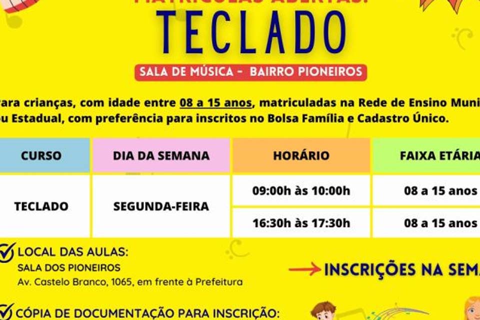 SEMAST de Pimenta Bueno informa que está com matrículas abertas para o curso de teclado 