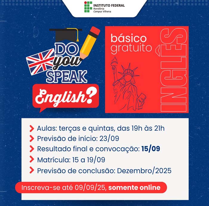 Curso gratuito de Inglês Básico tem inscrições abertas no IFRO Vilhena