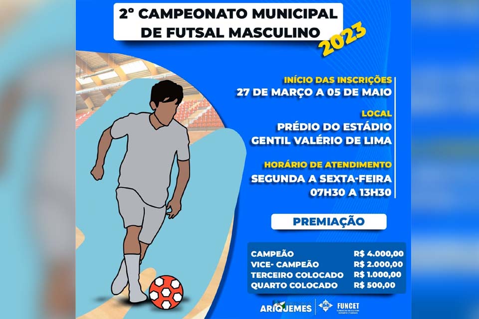 Funcet abre inscrições para o 2º campeonato municipal de futsal masculino em Ariquemes