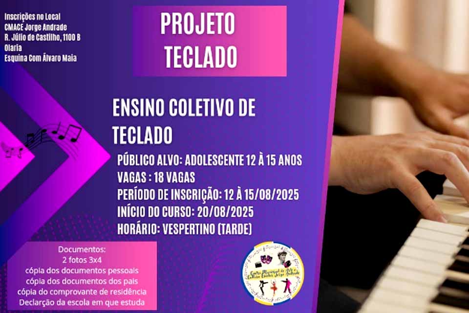 Centro Jorge Andrade abre inscrições para Projeto de Teclado em Grupo voltado para adolescentes de 12 a 15 anos