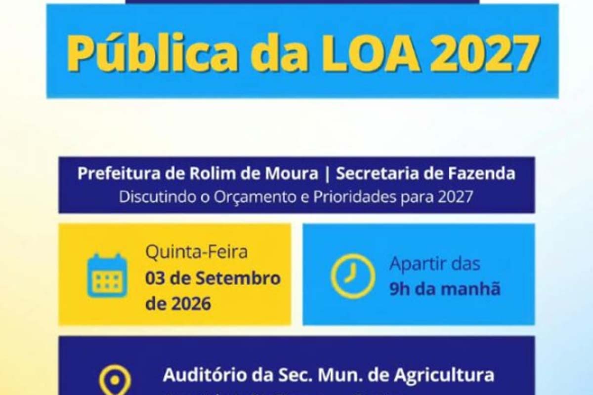 Audiência Pública de apresentação e discussão da proposta da Lei Orçamentária Anual – LOA 2027 será dia 3 de setembro