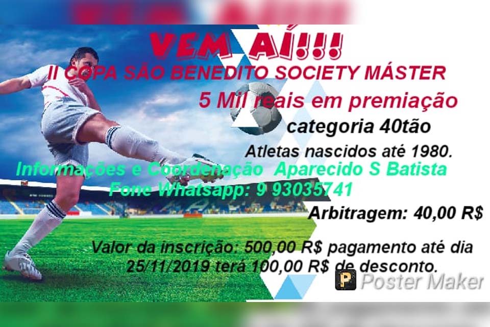 Aberta inscrições para a 2ª Copa São Bendito master soçaite