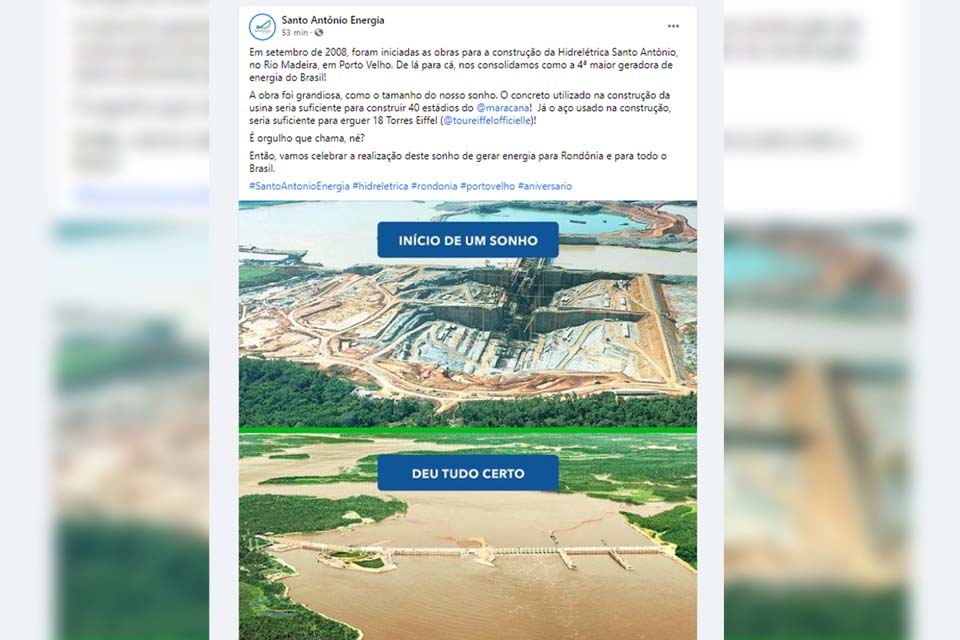 “Deu tudo certo” – Santo Antônio Energia comemora 13 anos do início da construção da usina, mas postagem atrai críticas