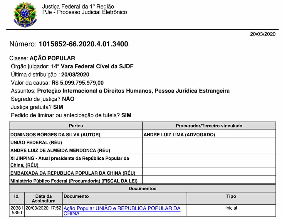 Cidadão de Rondônia entra com ação popular contra a China exigindo mais de R$ 5 bilhões do país oriental