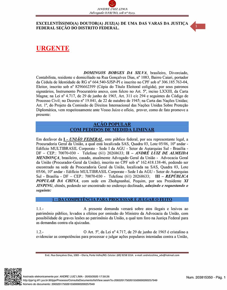 Cidadão de Rondônia entra com ação popular contra a China exigindo mais de R$ 5 bilhões do país oriental