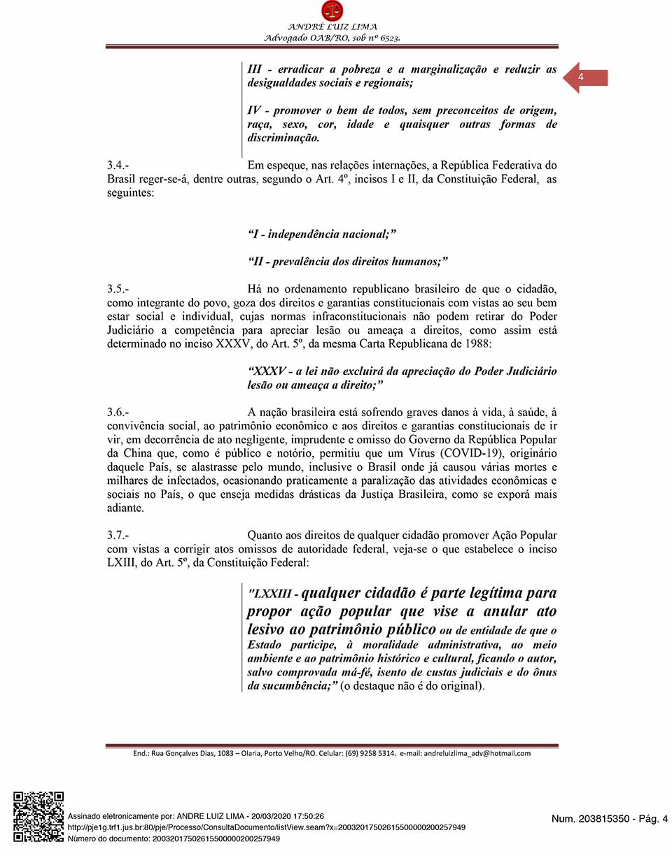 Cidadão de Rondônia entra com ação popular contra a China exigindo mais de R$ 5 bilhões do país oriental