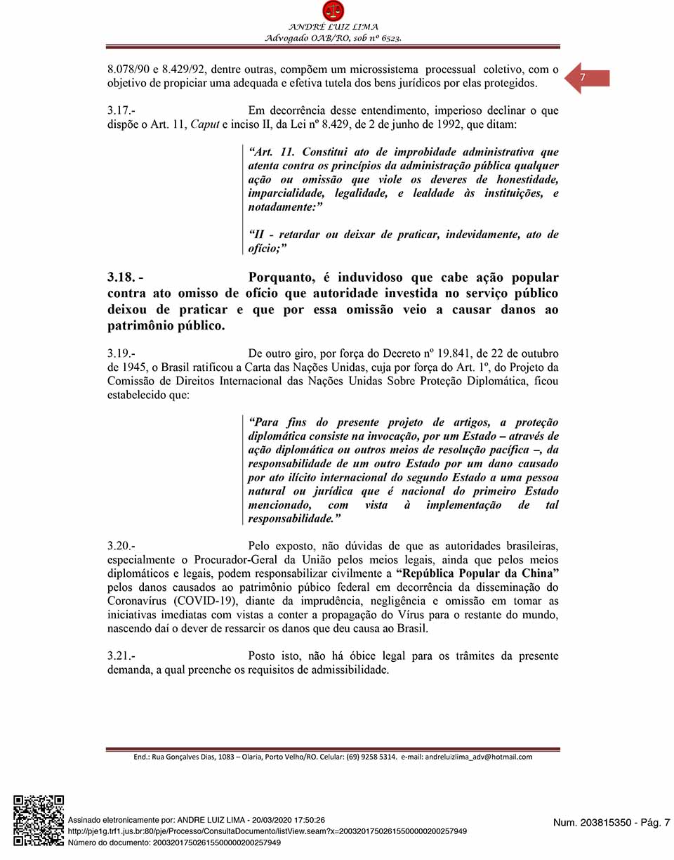 Coronavírus: Cidadão de Rondônia entra com ação popular contra a China exigindo mais de R$ 5 bilhões do país oriental
