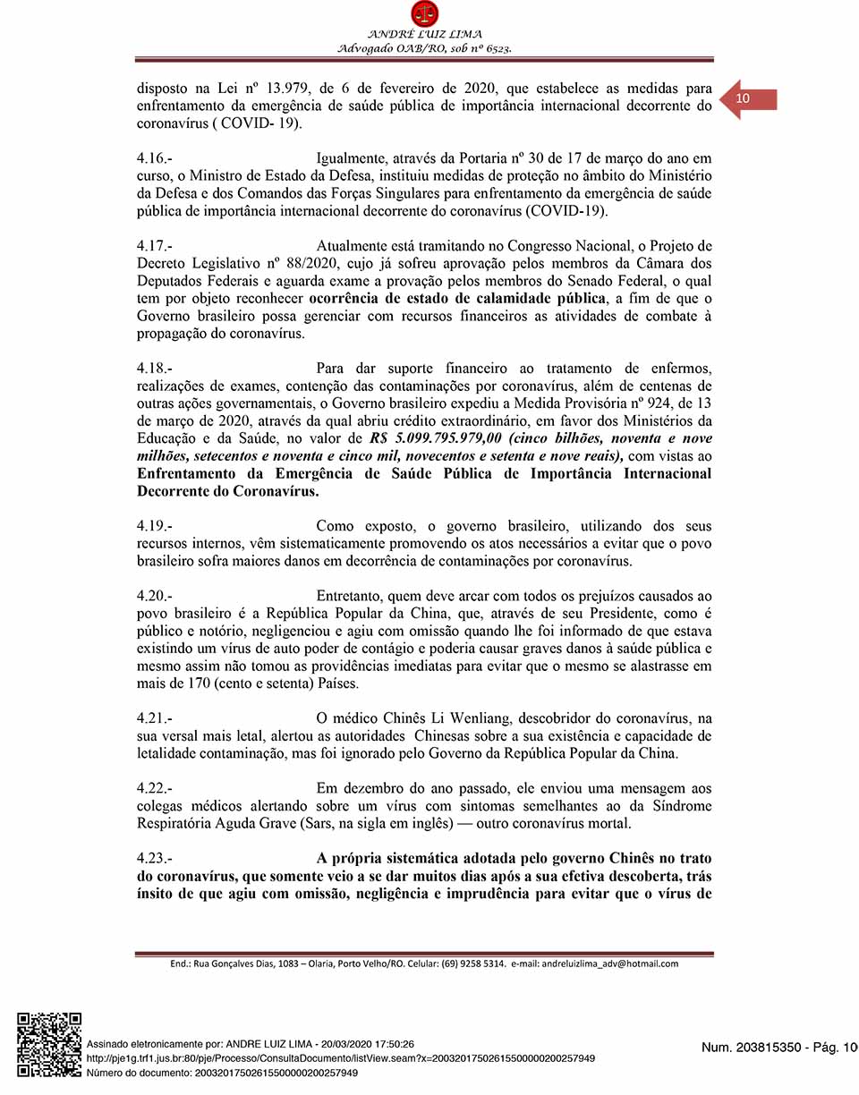 Coronavírus: Cidadão de Rondônia entra com ação popular contra a China exigindo mais de R$ 5 bilhões do país oriental