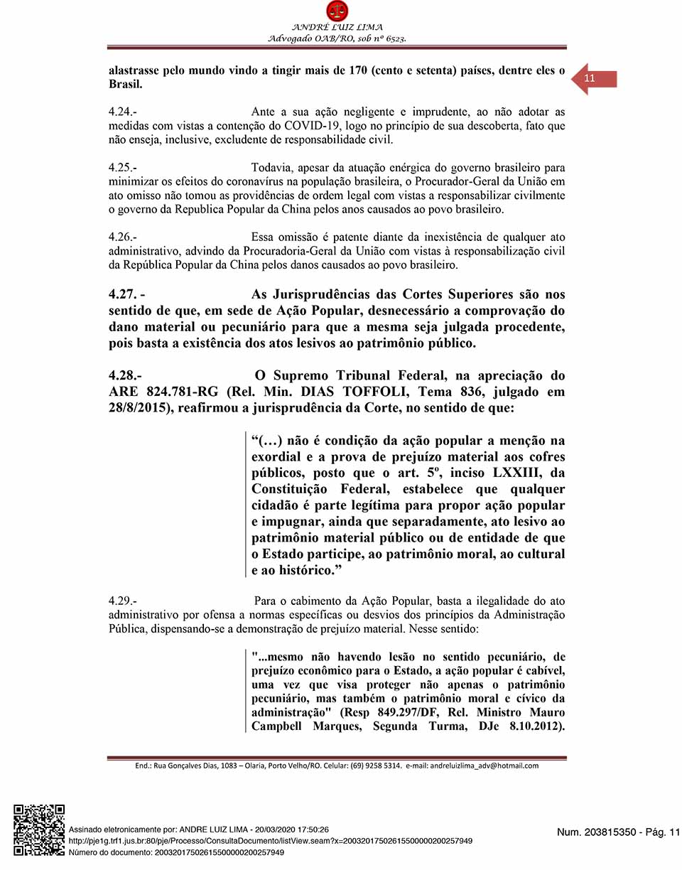 Coronavírus: Cidadão de Rondônia entra com ação popular contra a China exigindo mais de R$ 5 bilhões do país oriental