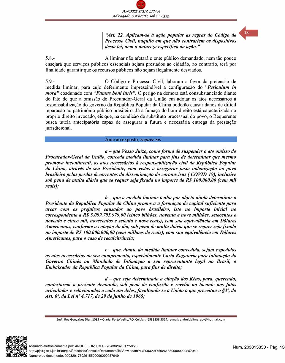 Coronavírus: Cidadão de Rondônia entra com ação popular contra a China exigindo mais de R$ 5 bilhões do país oriental