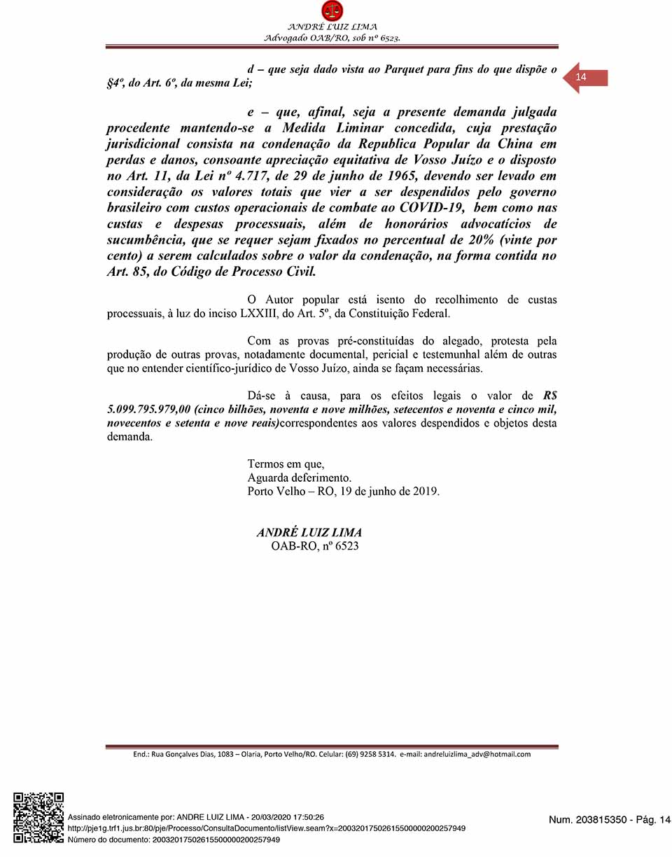 Coronavírus: Cidadão de Rondônia entra com ação popular contra a China exigindo mais de R$ 5 bilhões do país oriental
