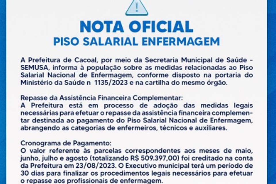 Prefeitura de Cacoal Anuncia Medidas em Relação ao Piso Salarial Nacional de Enfermagem