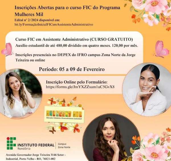 IFRO Zona Norte oferta 30 vagas em Curso de Assistente Administrativo do Programa Mulheres Mil
