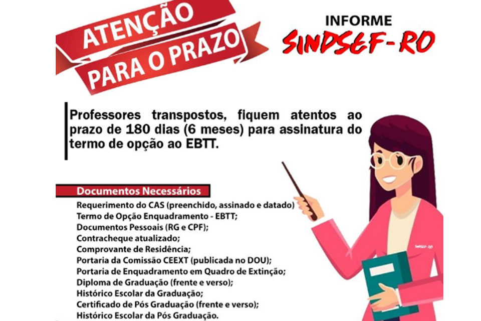 SINDSEF-RO alerta professores transpostos em maio/22 para o encerramento do prazo de opção ao EBTT