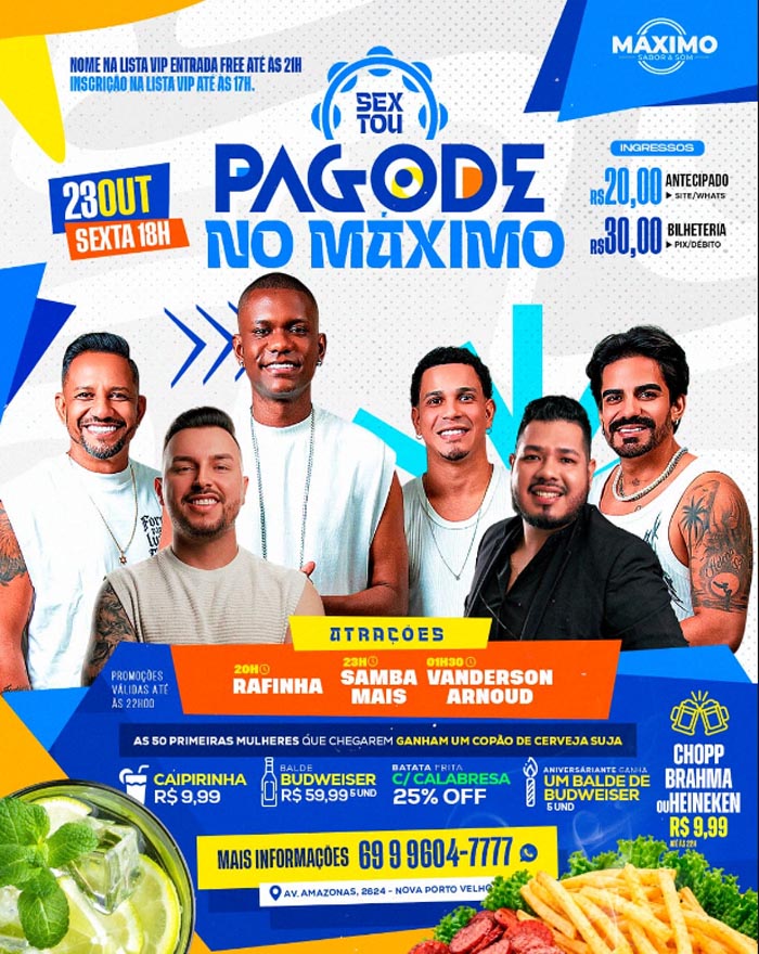 Pagode no Máximo reúne Rafinha, Samba Mais e Vanderson Arnoud em Porto Velho com ingressos a partir de R$ 20