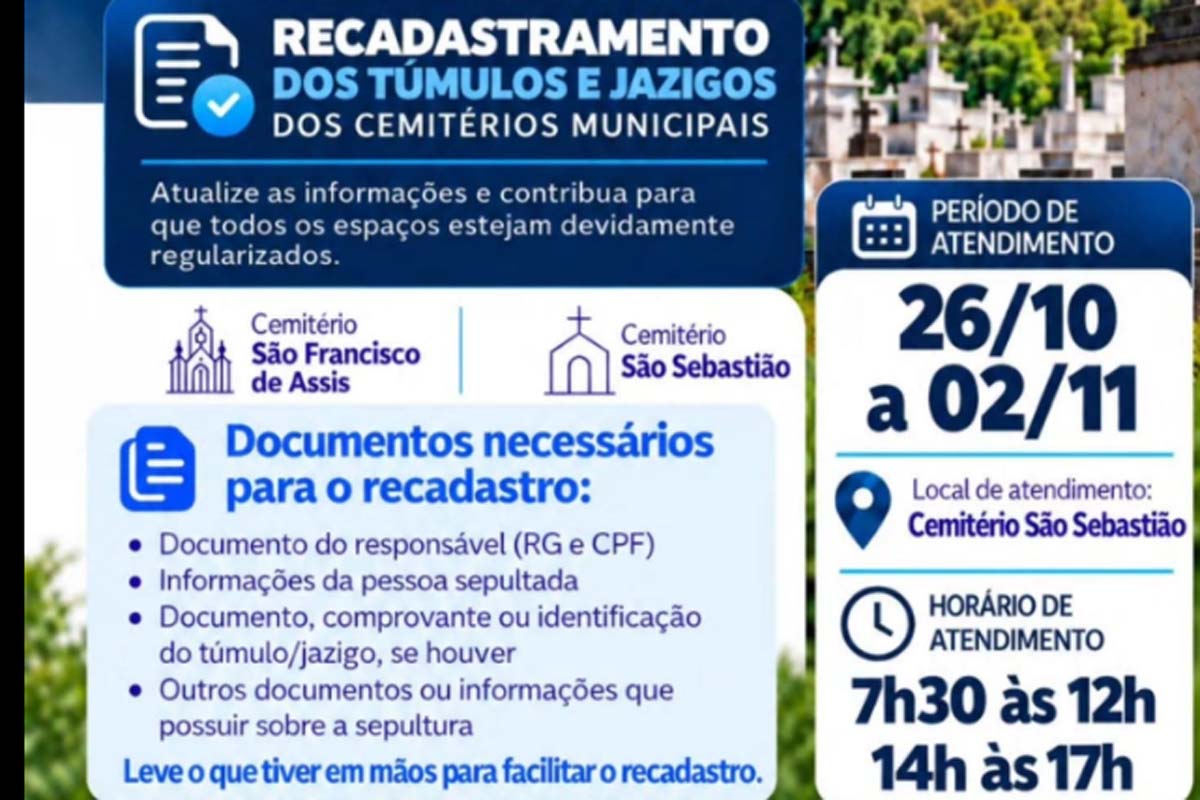 Prefeitura realiza recadastramento dos túmulos e jazigos dos cemitérios municipais São Francisco de Assis e São Sebastião