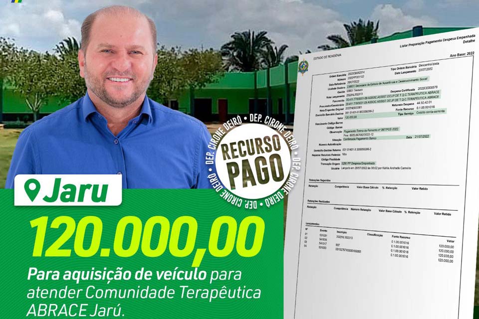 Deputado Cirone Deiró destina R$ 120 mil para comunidade terapêutica no município de Jaru