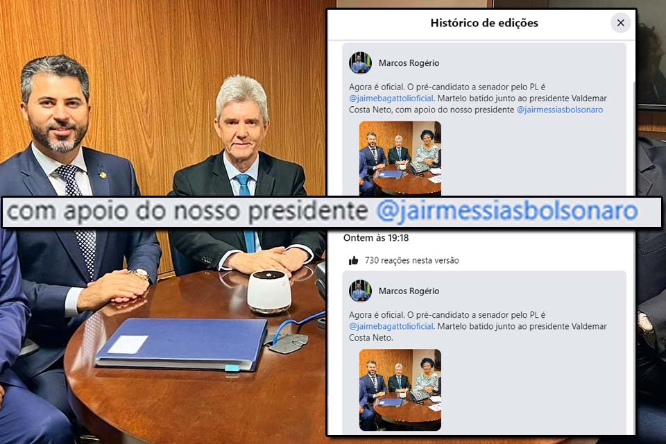 Marcos Rogério oficializa pré-candidatura de Bagattoli ao Senado com aval de Bolsonaro, mas retira apoio do presidente  da postagem 15 minutos depois