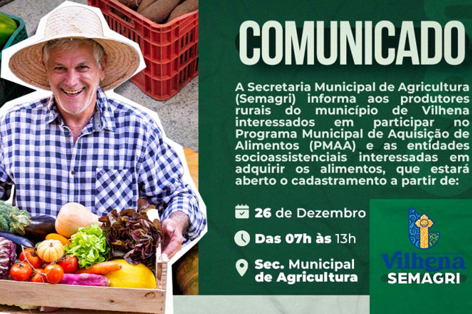 Vilhena vai abrir cadastramento para o Programa Municipal de Aquisição de Alimentos