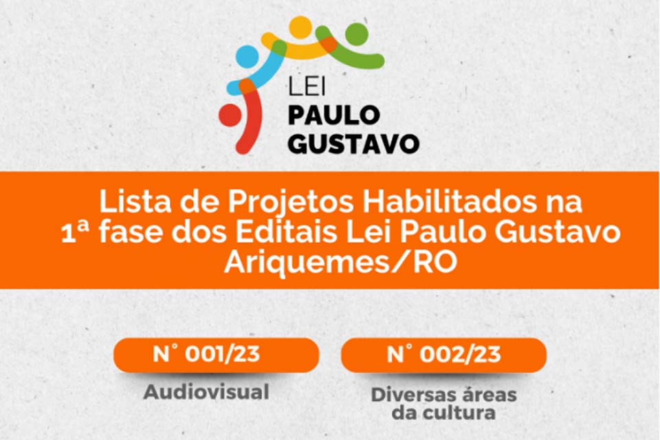 Prefeitura de Ariquemes divulga lista de projetos habilitados na 1ª fase dos Editais da Lei Paulo Gustavo
