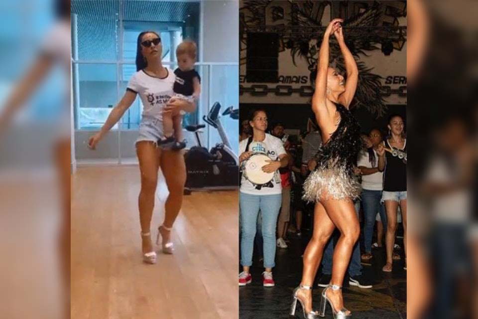 Em noite de ensaio da Gaviões da Fiel, Sabrina Sato samba muito com Zoe no colo