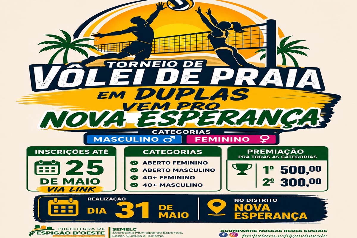 Espigão do oeste abre inscrições para torneio de vôlei de praia no distrito Nova Esperança