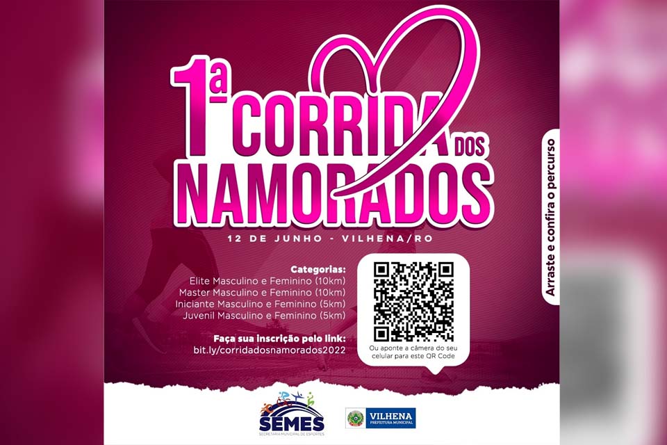 Inscrições para a 1ª Corrida dos Namorados de Vilhena seguem até sexta-feira,10