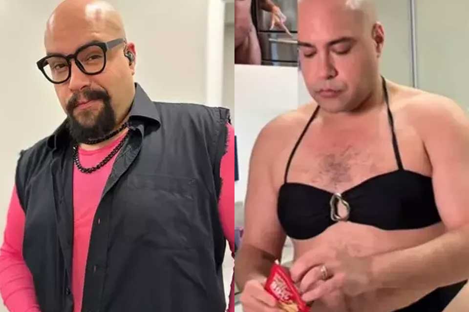 Tiago Abravanel surge de biquíni e diverte fãs ao seguir dica fitness de influenciadora