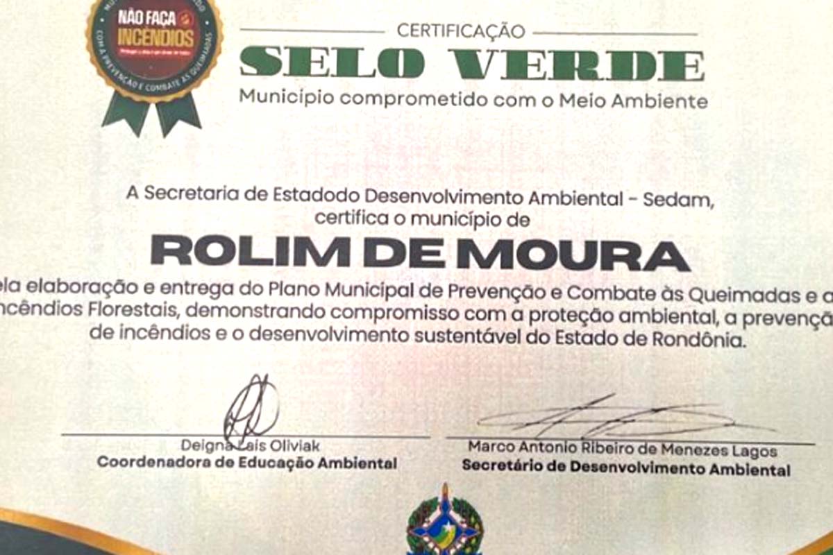 Rolim de Moura recebe Selo Verde da SEDAM por ações de prevenção às queimadas