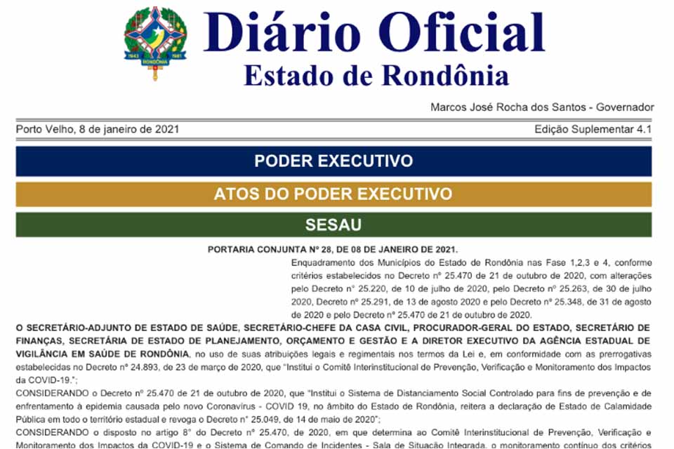 Portaria traz nova reclassificação de municípios no combate ao coronavírus; Porto Velho retorna para a Fase 2