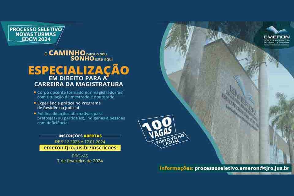 Inscrições para a Especialização em Direito para a Carreira da Magistratura continuam até o dia 17 de janeiro, com vagas em Porto Velho e Cacoal