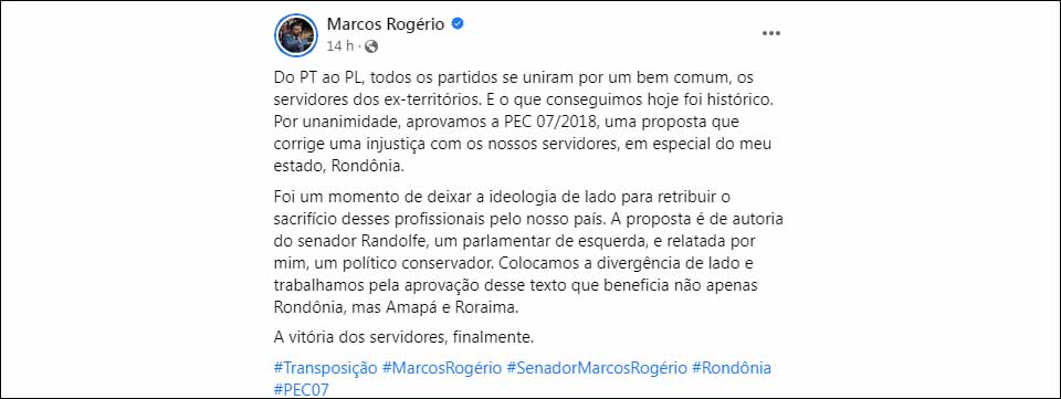Antecipando-se a essas críticas, Marcos Rogério enfatizou a importância da conquista anunciada na postagem, que beneficiaria os servidores públicos