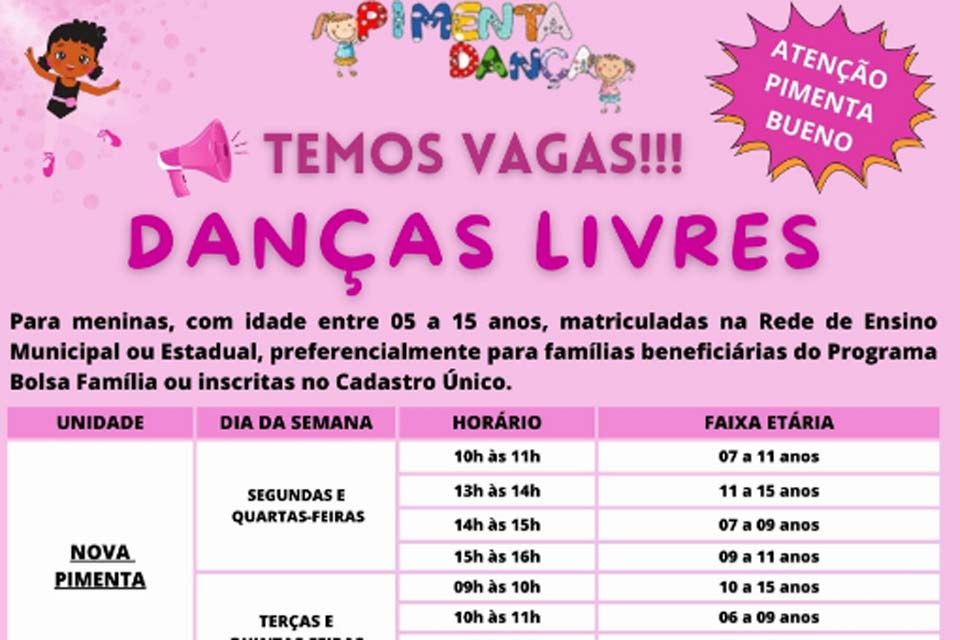 Prefeitura de Pimenta Bueno abre vagas para modalidade de danças livres nos Bairros Nova Pimenta e Bela Vista
