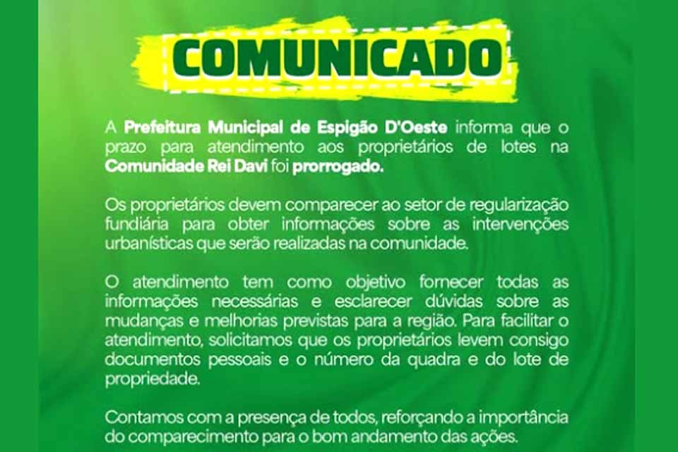 Prefeitura de Espigão do Oeste informa que prazo para o atendimento sobre a regularização fundiária foi prorrogado