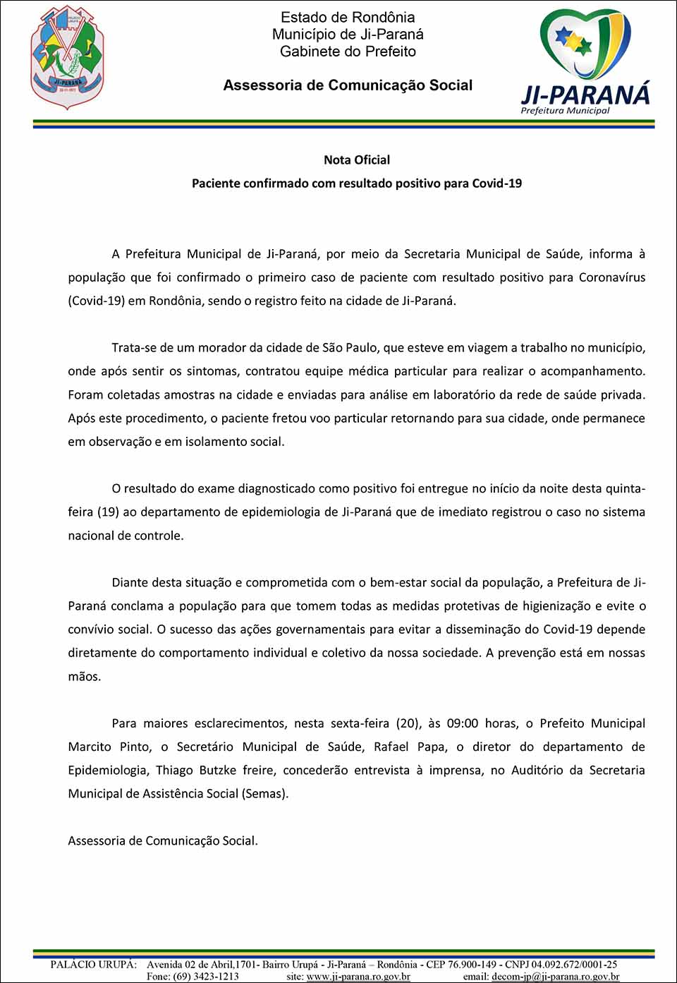 Nota Oficial da Prefeitura de Ji-Paraná sobre paciente com Coronavírus
