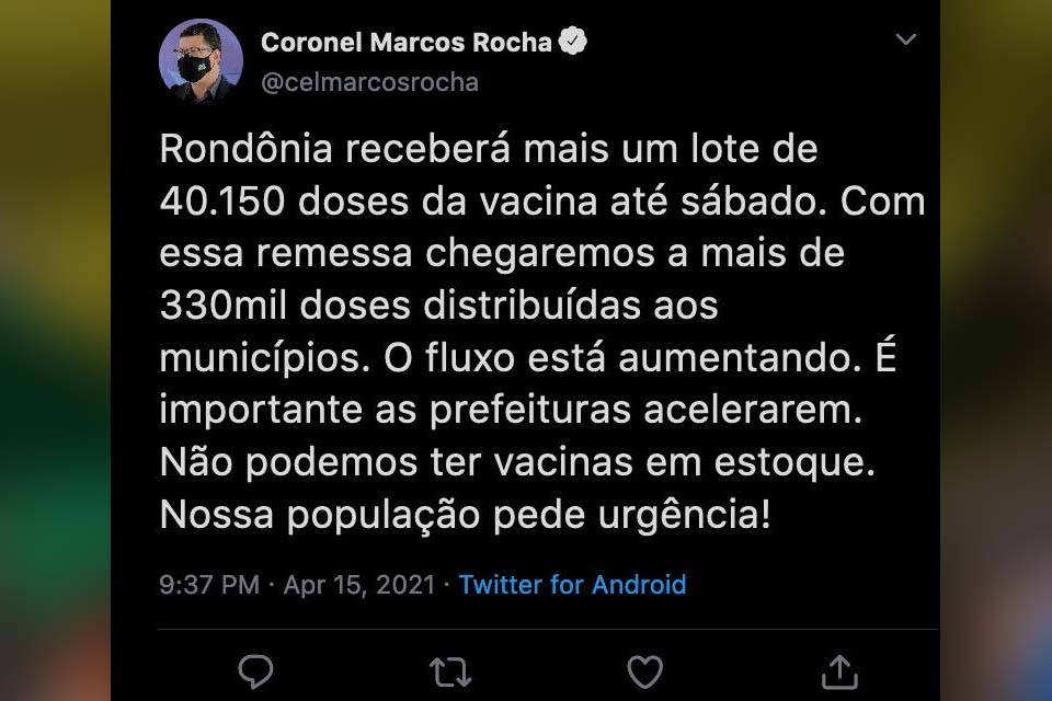 Coronavírus – Governador de Rondônia anuncia mais vacinas e cobra agilidade das prefeituras na campanha de imunização