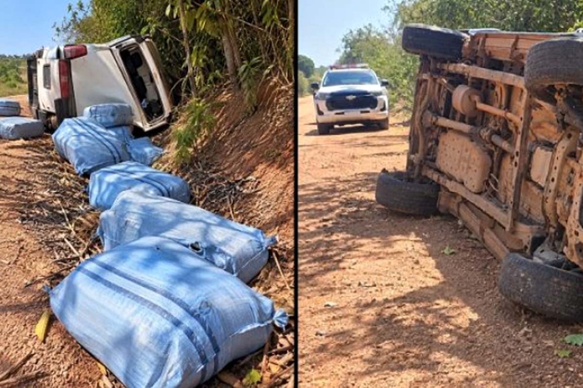 Hilux capota durante fuga e mais de 530 quilos de drogas são apreendidos