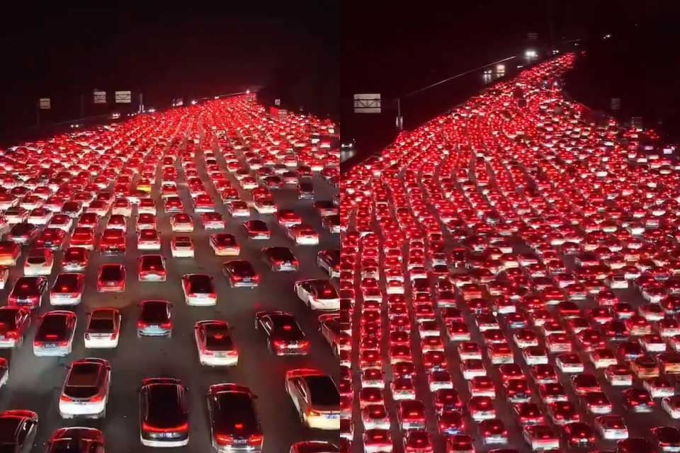 Imagens mostram congestionamento de 24 horas em rodovia da China após feriado nacional